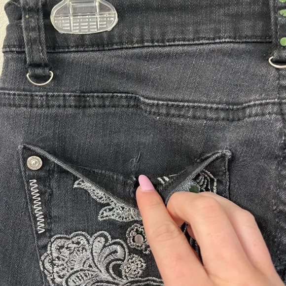 Joujou Women Dark Gray Bootcut Jeans 7/8 Medium Wash Embroidered Paisley Pockets - Picture 8 of 12